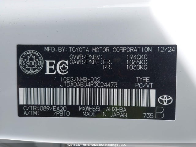 12618237 :رقم المزاد ، JTDADABU4R3024473 vin ، 2024 Toyota Prius Limited مزاد بيع