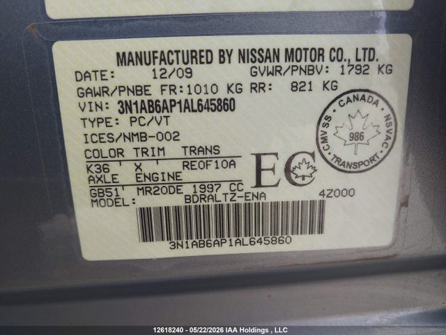 Продаж на аукціоні авто 2010 Nissan Sentra 2.0s, vin: 3N1AB6AP1AL645860, номер лоту: 12618240