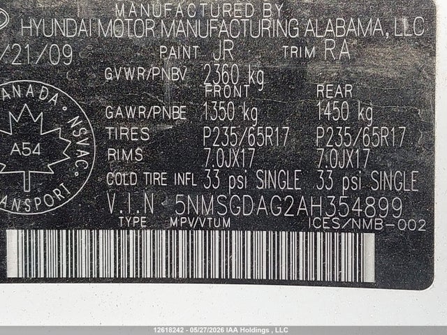 12618242 :رقم المزاد ، 5NMSGDAG2AH354899 vin ، 2010 Hyundai Santa Fe Gls مزاد بيع