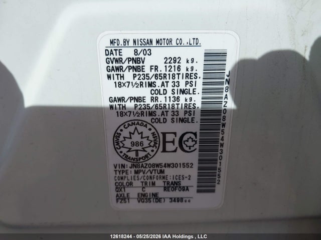 Aukcja sprzedaży 2004 Nissan Murano Sl, vin: JN8AZ08W54W301552, numer aukcji: 12618244
