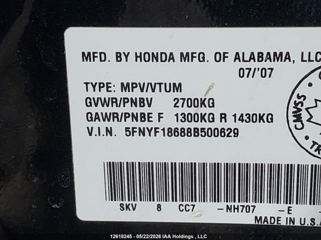 2008 Honda Pilot Exl მანქანა იყიდება აუქციონზე, vin: 5FNYF18688B500629, აუქციონის ნომერი: 12618245