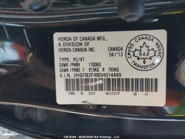 Продаж на аукціоні авто 2013 Honda Civic Lx, vin: 2HGFB2F48DH014449, номер лоту: 12618246