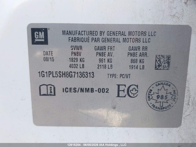12618254 :رقم المزاد ، 1G1PL5SH8G7136313 vin ، 2016 Chevrolet Cruze Limited 2ls مزاد بيع