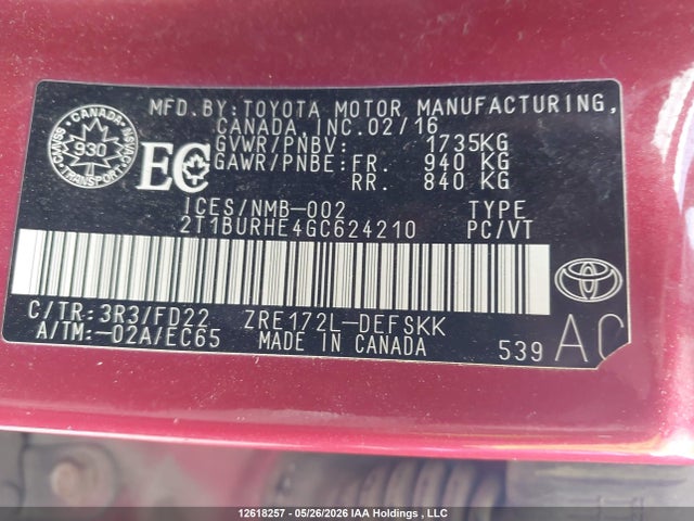 Aukcja sprzedaży 2016 Toyota Corolla L/le/le Pls/prm/s/s Pls, vin: 2T1BURHE4GC624210, numer aukcji: 12618257