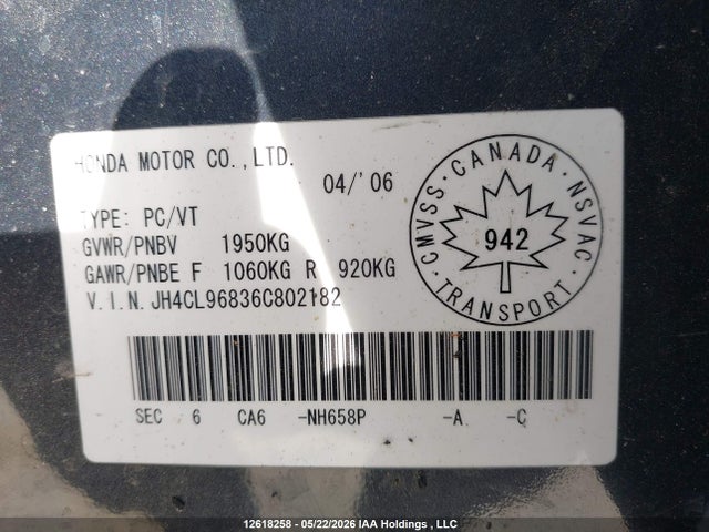 Aukcja sprzedaży 2006 Acura Tsx, vin: JH4CL96836C802182, numer aukcji: 12618258