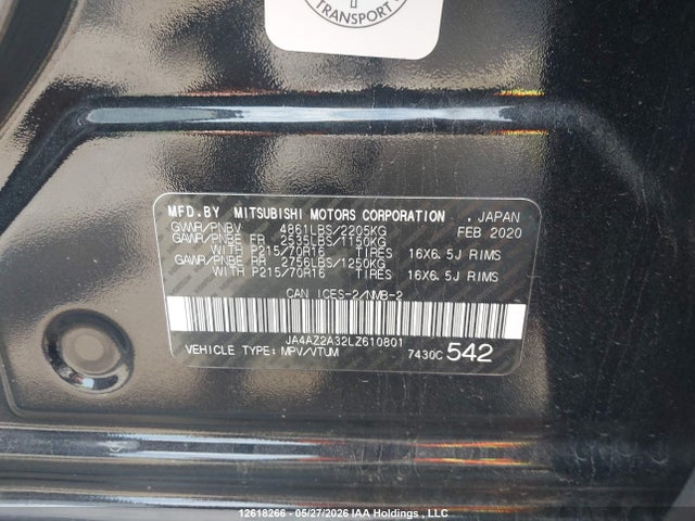Продажа на аукционе авто 2020 Mitsubishi Outlander Es/ex/ex-l, vin: JA4AZ2A32LZ610801, номер лота: 12618266