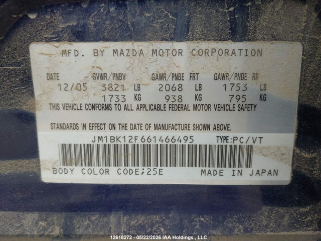 Aukcja sprzedaży 2006 Mazda 3 I, vin: JM1BK12F661466495, numer aukcji: 12618272