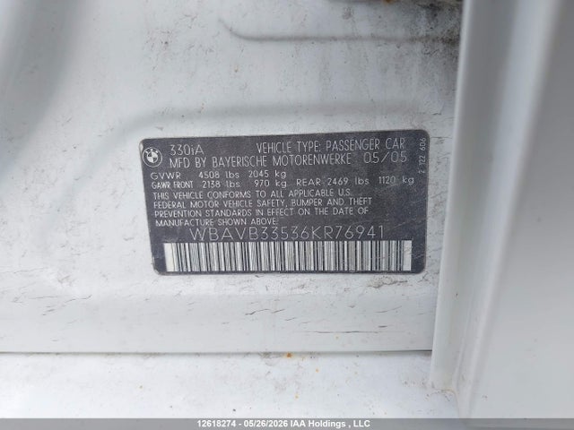 2006 Bmw 330 I მანქანა იყიდება აუქციონზე, vin: WBAVB33536KR76941, აუქციონის ნომერი: 12618274