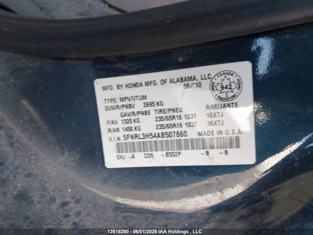 Aukcja sprzedaży 2010 Honda Odyssey Se, vin: 5FNRL3H54AB507860, numer aukcji: 12618280