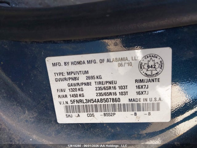 Aukcja sprzedaży 2010 Honda Odyssey Se, vin: 5FNRL3H54AB507860, numer aukcji: 12618280