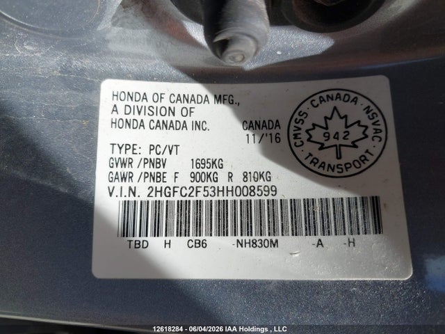Aukcja sprzedaży 2017 Honda Civic Lx, vin: 2HGFC2F53HH008599, numer aukcji: 12618284