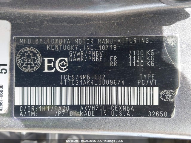Aukcja sprzedaży 2020 Toyota Camry Le, vin: 4T1C31AK4LU009674, numer aukcji: 12618298
