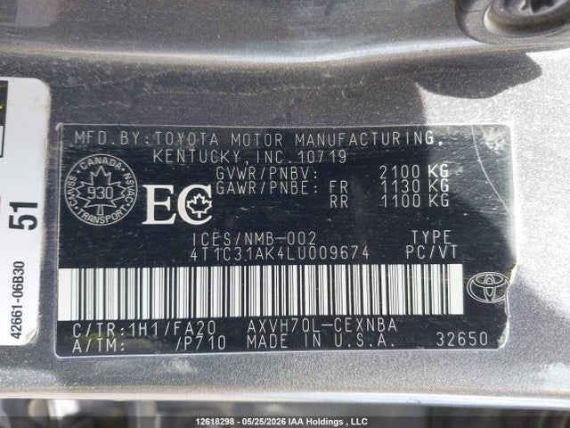 Aukcja sprzedaży 2020 Toyota Camry Le, vin: 4T1C31AK4LU009674, numer aukcji: 12618298