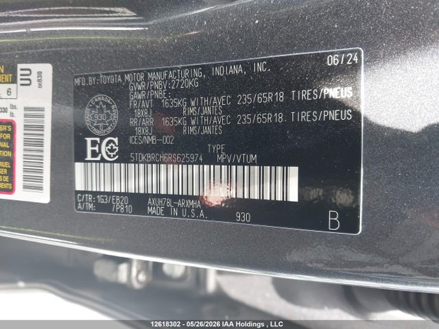 12618302 :رقم المزاد ، 5TDKBRCH6RS625974 vin ، 2024 Toyota Highlander Hybrid Xle مزاد بيع