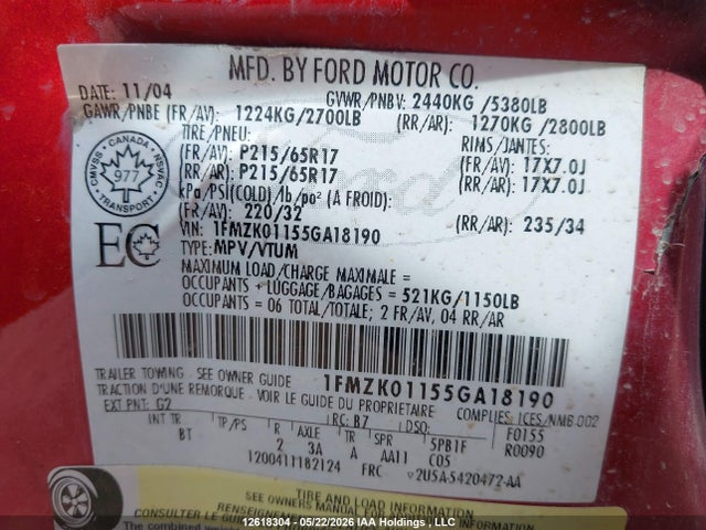 2005 Ford Freestyle Se მანქანა იყიდება აუქციონზე, vin: 1FMZK01155GA18190, აუქციონის ნომერი: 12618304