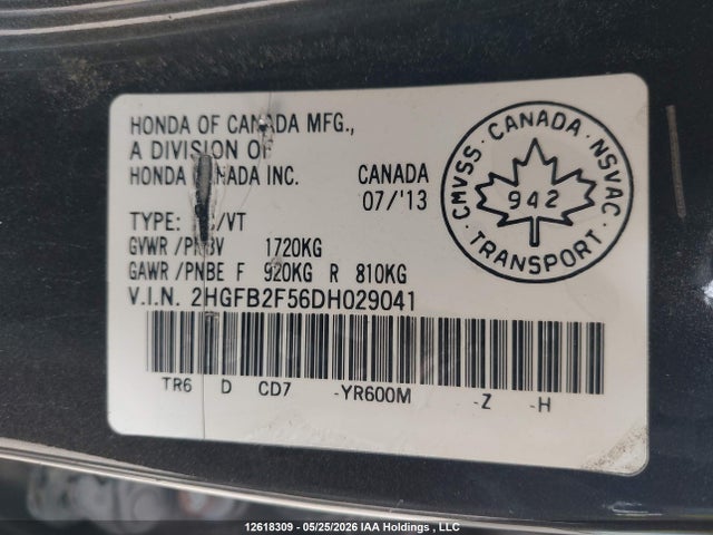 12618309 :رقم المزاد ، 2HGFB2F56DH029041 vin ، 2013 Honda Civic Ex 4dr مزاد بيع