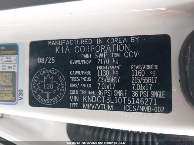12618312 :رقم المزاد ، KNDCT3L10T5146271 vin ، 2026 Kia Niro Ev Wave/wave W/snow White Pearl   Grey Exterior مزاد بيع
