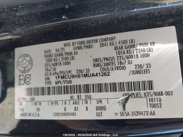 1FMCU9H61MUA41262 Ford ESCAPE SEL