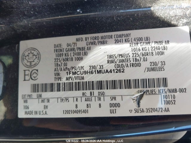 1FMCU9H61MUA41262 Ford ESCAPE SEL