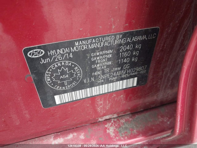 12618339 :رقم المزاد ، 5NPE24AF5FH029807 vin ، 2015 Hyundai Sonata Se مزاد بيع