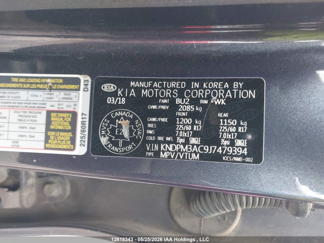 2018 Kia Sportage Lx მანქანა იყიდება აუქციონზე, vin: KNDPM3AC9J7479394, აუქციონის ნომერი: 12618343