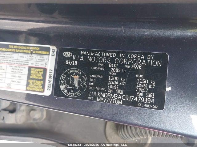 2018 Kia Sportage Lx მანქანა იყიდება აუქციონზე, vin: KNDPM3AC9J7479394, აუქციონის ნომერი: 12618343