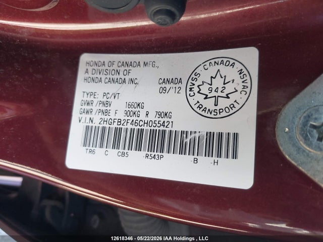 Aukcja sprzedaży 2012 Honda Civic Lx, vin: 2HGFB2F46CH055421, numer aukcji: 12618346