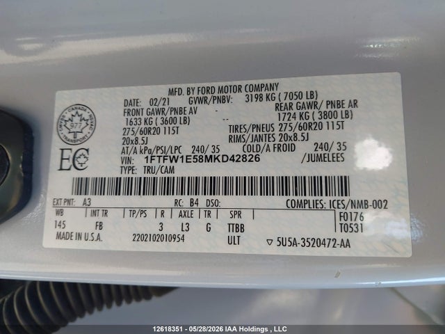 Продаж на аукціоні авто 2021 Ford F-150 Xlt, vin: 1FTFW1E58MKD42826, номер лоту: 12618351