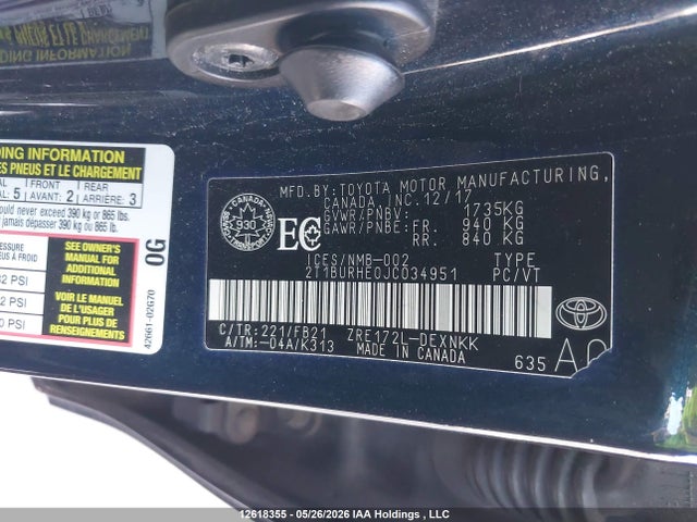 2018 Toyota Corolla Le მანქანა იყიდება აუქციონზე, vin: 2T1BURHE0JC034951, აუქციონის ნომერი: 12618355