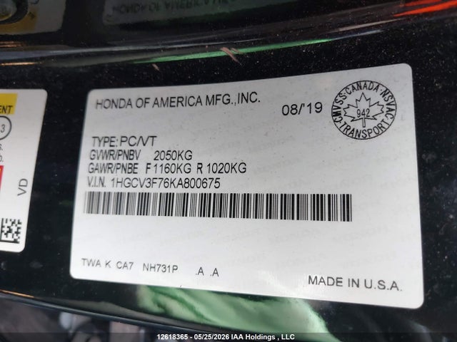 Auction sale of the 2019 Honda Accord Hybrid, vin: 1HGCV3F76KA800675, lot number: 12618365