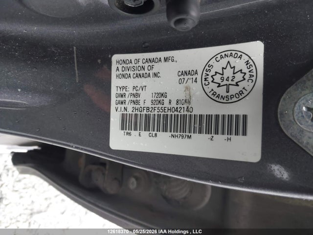 2014 Honda Civic Ex 4dr მანქანა იყიდება აუქციონზე, vin: 2HGFB2F55EH042140, აუქციონის ნომერი: 12618370