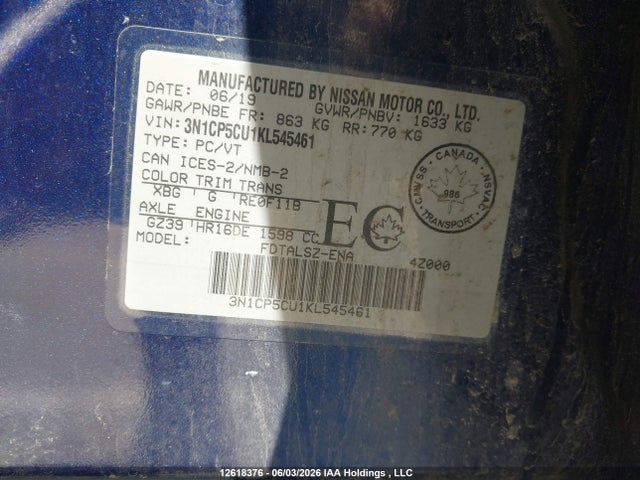 12618376 :رقم المزاد ، 3N1CP5CU1KL545461 vin ، 2019 Nissan Kicks S/sr/sv مزاد بيع