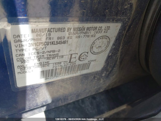 12618376 :رقم المزاد ، 3N1CP5CU1KL545461 vin ، 2019 Nissan Kicks S/sr/sv مزاد بيع