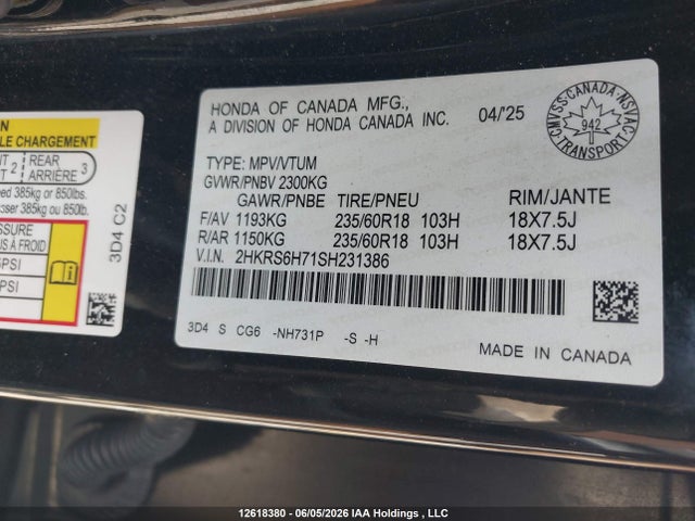 Aukcja sprzedaży 2025 Honda Cr-v Hybrid, vin: 2HKRS6H71SH231386, numer aukcji: 12618380