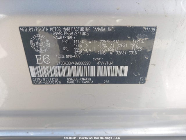 2009 Toyota Rav4 მანქანა იყიდება აუქციონზე, vin: 2T3BK33V49W002290, აუქციონის ნომერი: 12618381