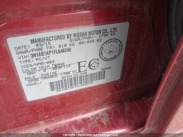 Продажа на аукционе авто 2015 Nissan Sentra S/sv/sr/sl, vin: 3N1AB7AP1FL646245, номер лота: 12618383