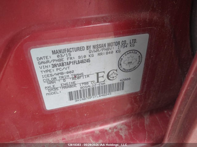 Продажа на аукционе авто 2015 Nissan Sentra S/sv/sr/sl, vin: 3N1AB7AP1FL646245, номер лота: 12618383
