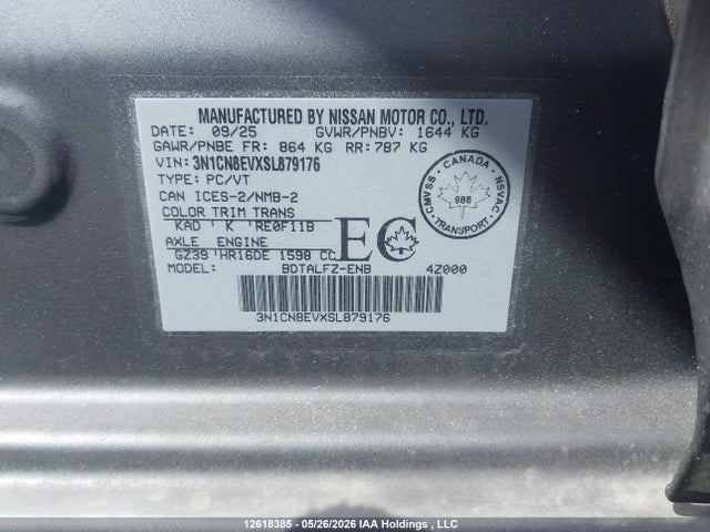 Aukcja sprzedaży 2025 Nissan Versa Sv Fwd Cvt, vin: 3N1CN8EVXSL879176, numer aukcji: 12618385