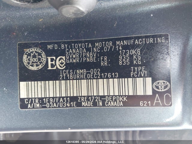 Продаж на аукціоні авто 2014 Toyota Corolla Ce, vin: 2T1BURHE0EC217613, номер лоту: 12618395