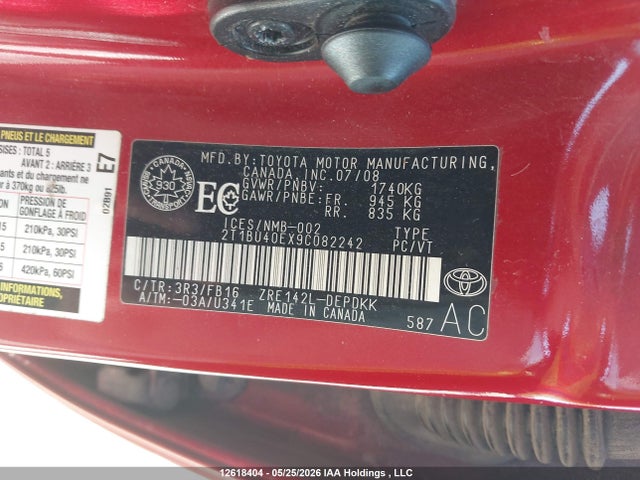 Aukcja sprzedaży 2009 Toyota Corolla, vin: 2T1BU40EX9C082242, numer aukcji: 12618404