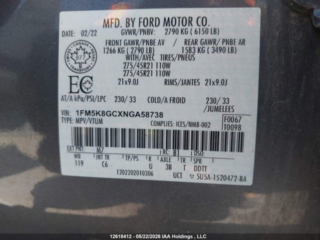 Aukcja sprzedaży 2022 Ford Explorer St, vin: 1FM5K8GCXNGA58738, numer aukcji: 12618412