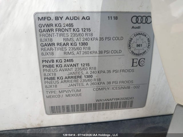 12618414 :رقم المزاد ، WA1ANAFY8K2026243 vin ، 2019 Audi Q5 45 Komfort مزاد بيع