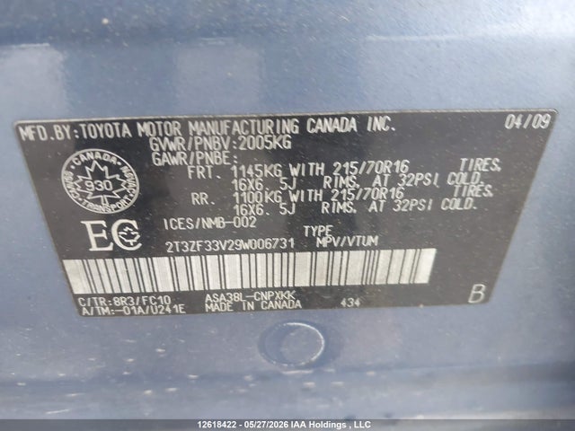 Auction sale of the 2009 Toyota Rav4, vin: 2T3ZF33V29W006731, lot number: 12618422
