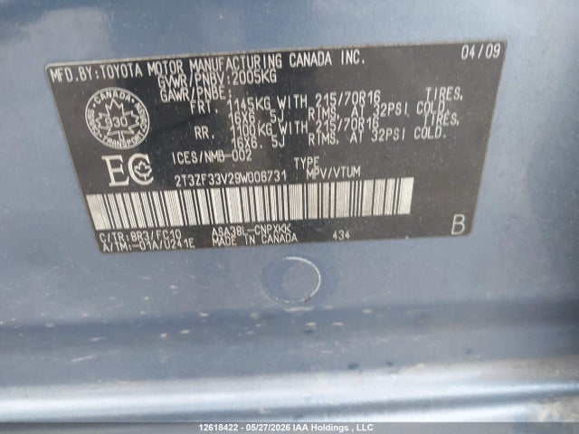 Auction sale of the 2009 Toyota Rav4, vin: 2T3ZF33V29W006731, lot number: 12618422