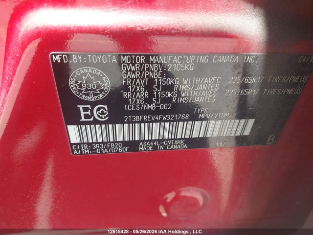 12618428 :رقم المزاد ، 2T3BFREV4FW321768 vin ، 2015 Toyota Rav4 مزاد بيع