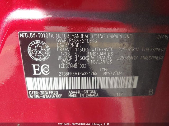 12618428 :رقم المزاد ، 2T3BFREV4FW321768 vin ، 2015 Toyota Rav4 مزاد بيع