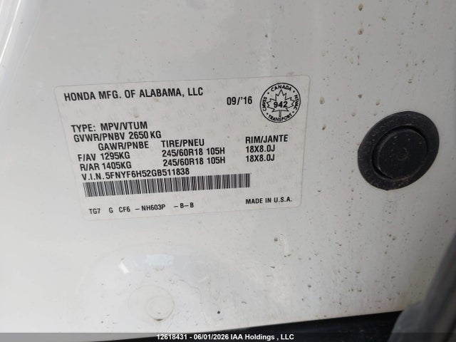5FNYF6H52GB511838 Honda Pilot Ex-l