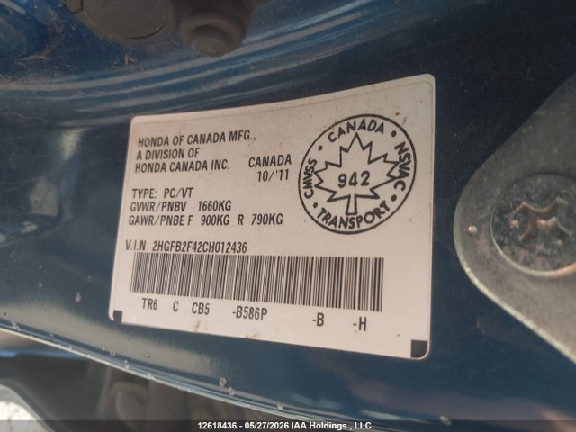 Продаж на аукціоні авто 2012 Honda Civic Lx, vin: 2HGFB2F42CH012436, номер лоту: 12618436