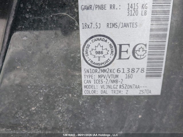 Auction sale of the 2019 Nissan Pathfinder Platinum/s/sl Premium/sv Tech, vin: 5N1DR2MM2KC613878, lot number: 12618443