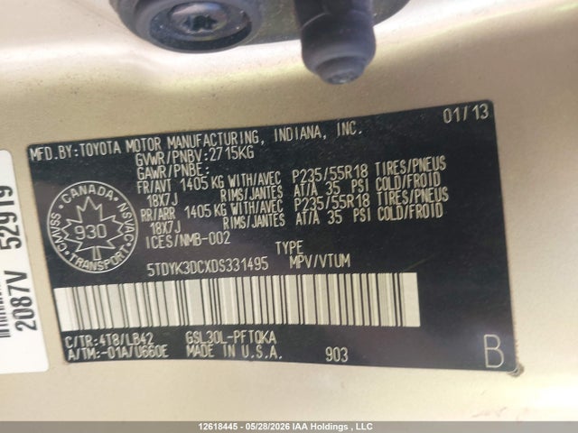 2013 Toyota Sienna Xle V6 მანქანა იყიდება აუქციონზე, vin: 5TDYK3DCXDS331495, აუქციონის ნომერი: 12618445